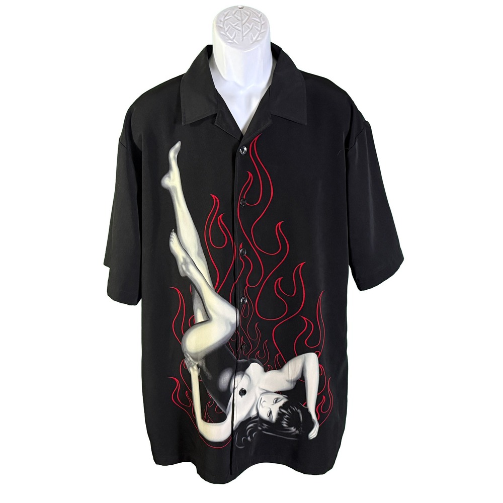 C-Two Button Down Shirt Mens XL Black Pin Up Girl Red Flames Graphic Streetwear